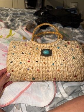 Source Unknown Natural Straw Tote with Turquoise Accent and Multicolor Beads